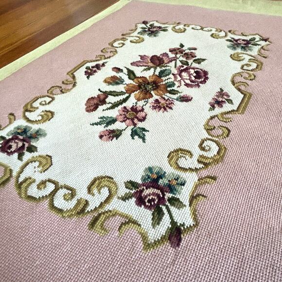 Vintage Pink Floral Needlepoint with Roses and Scroll Design Unframed - Picture 7 of 15